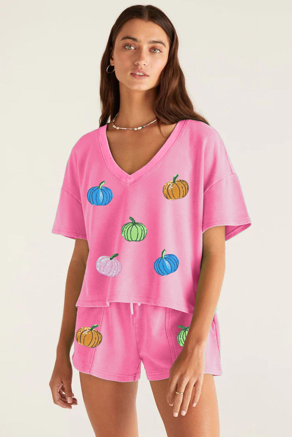 Halloween Pumpkin Pattern V Neck Tee and Drawstring Shorts Set
