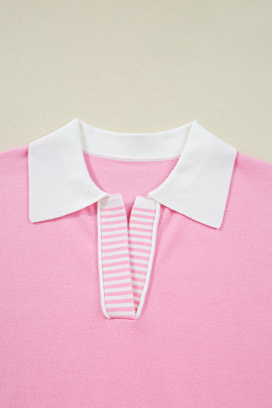 Pink Striped V Neck Sweater