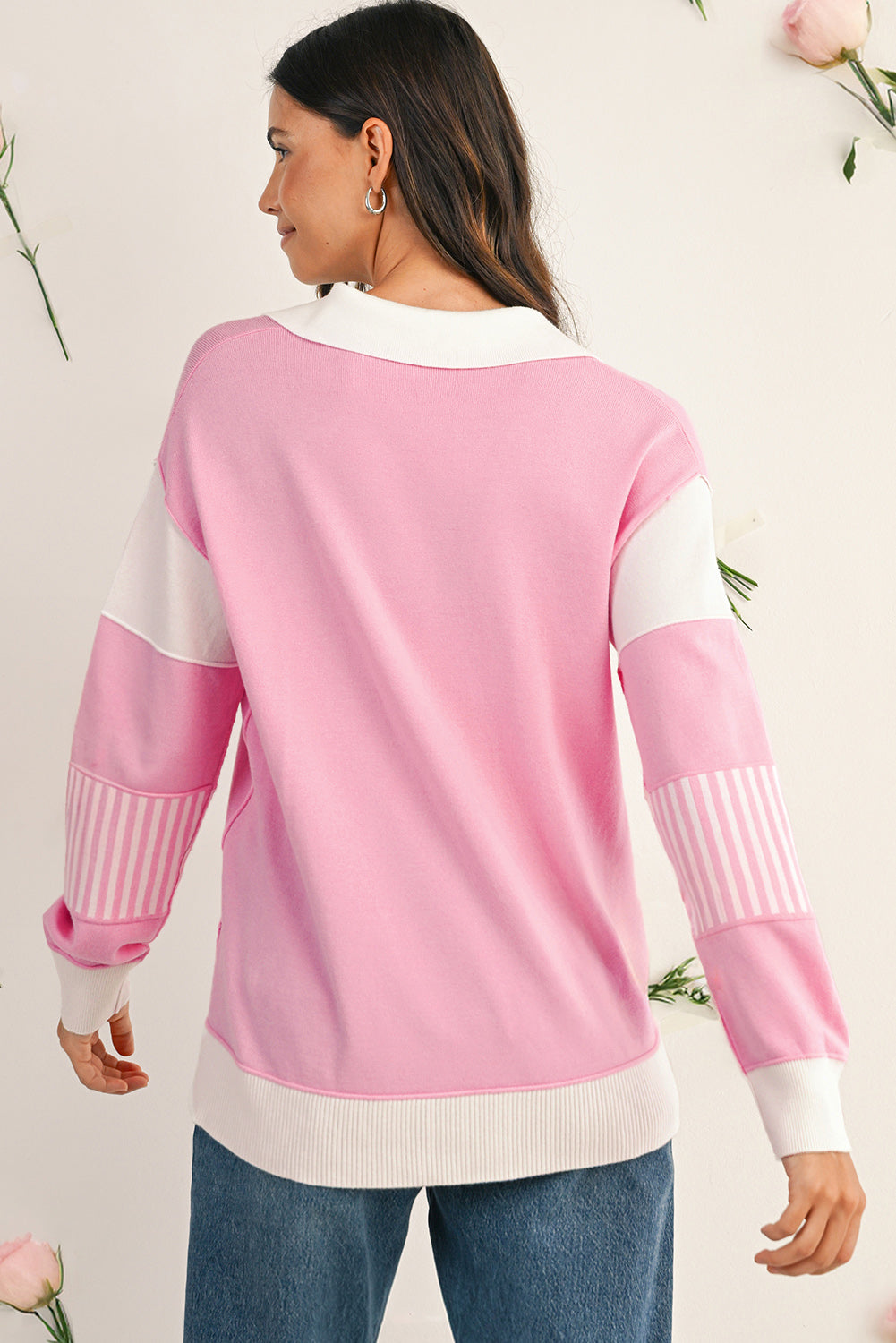 Pink Striped V Neck Sweater