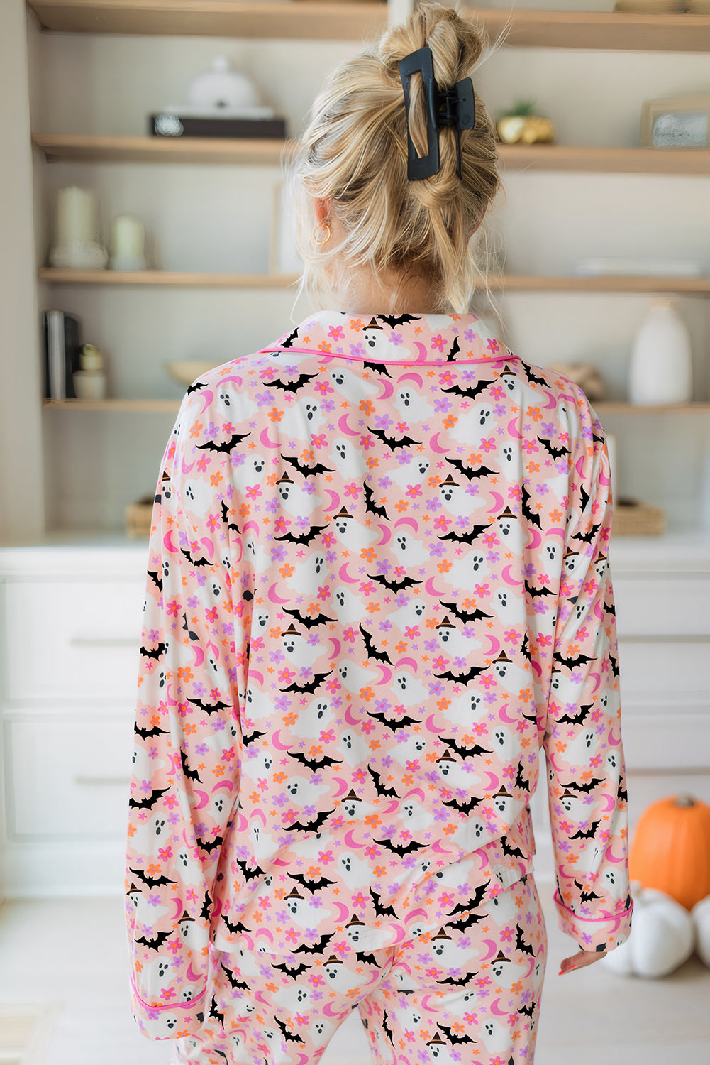 Pink Ghost Print Long Pajama Set