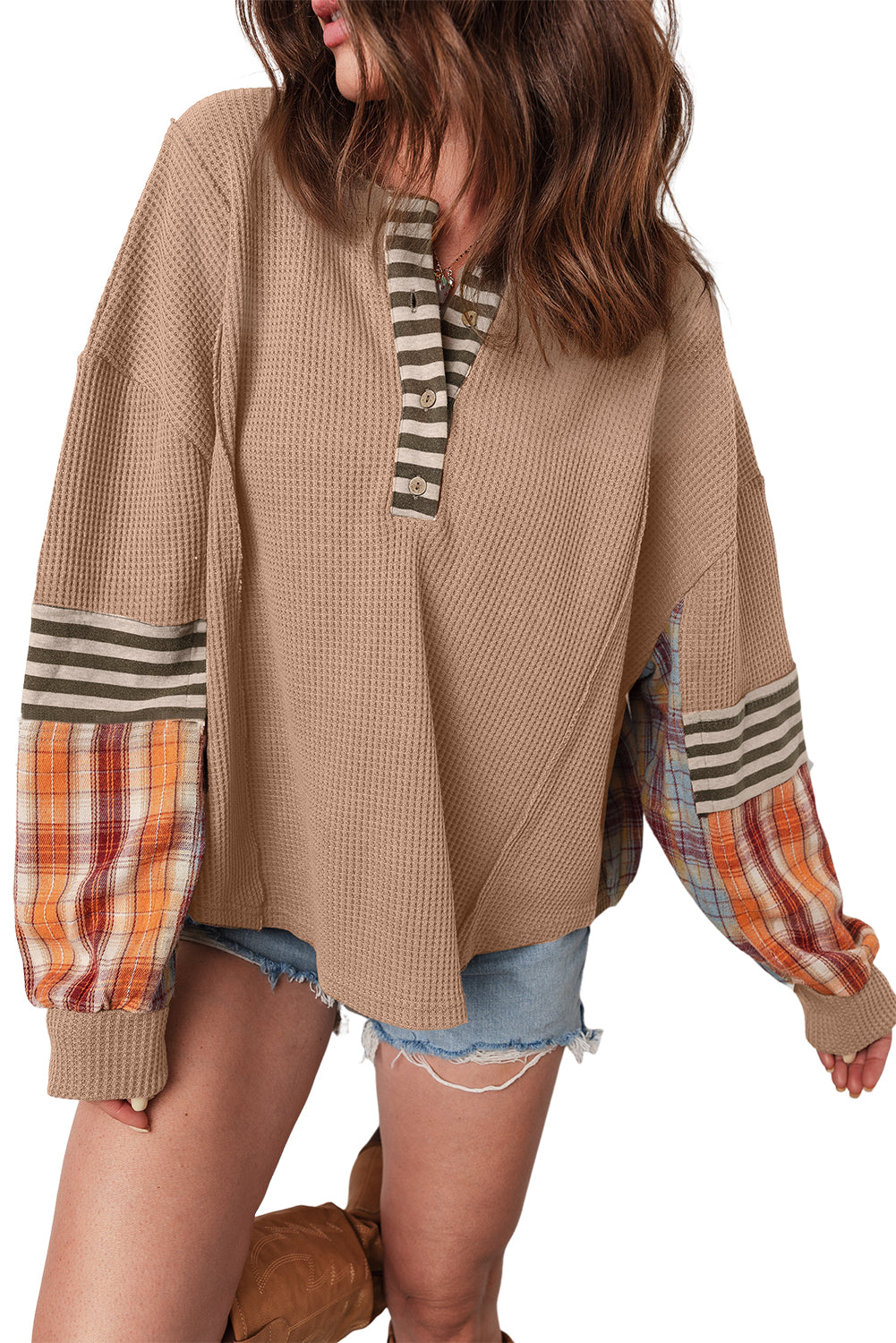 Beige Waffle Stripe Plaid Top