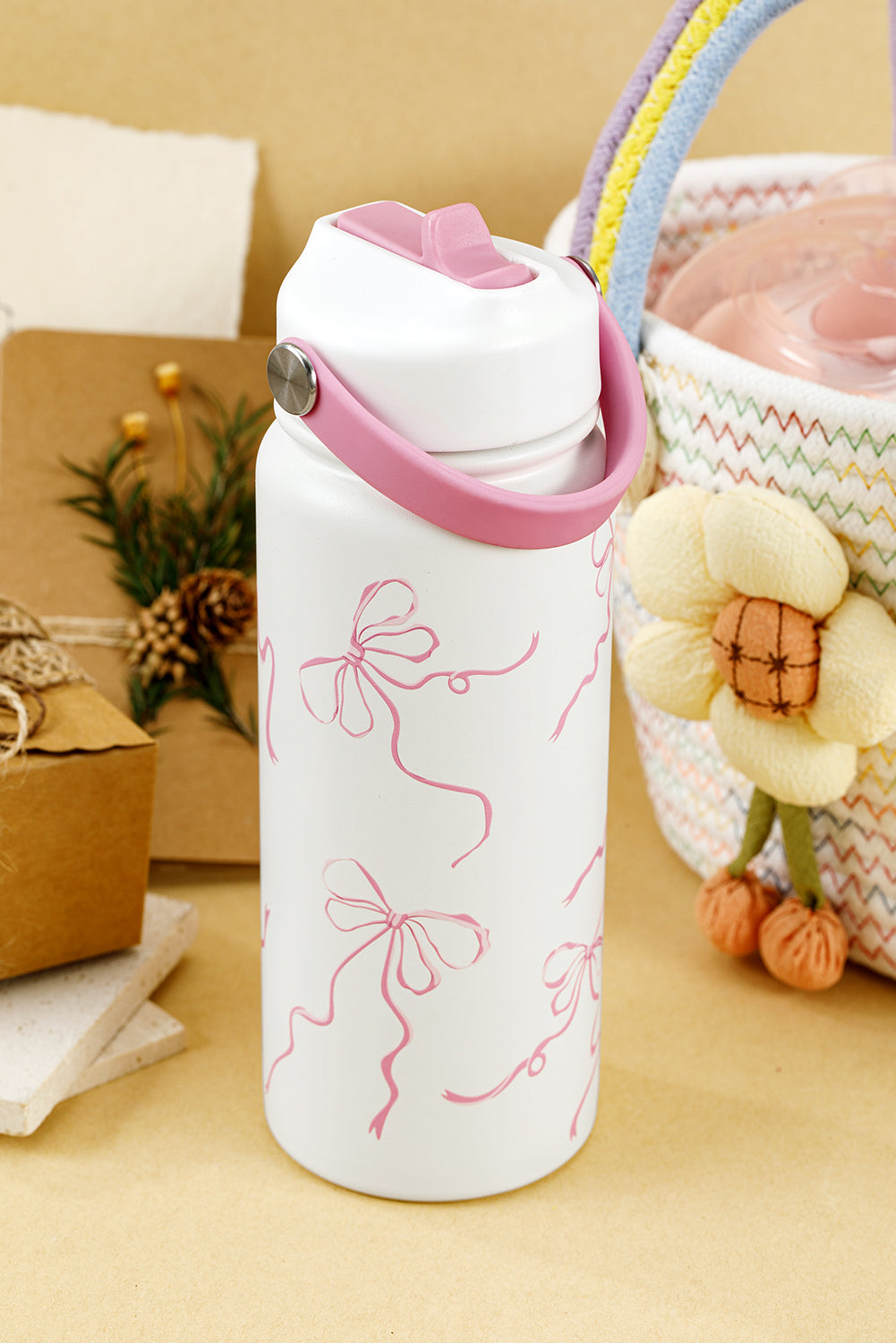 White Bowknot Insulated Water Bottle