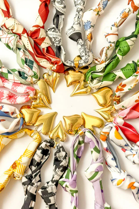 White Boho Floral Print Heart Pendant Scarf Necklace