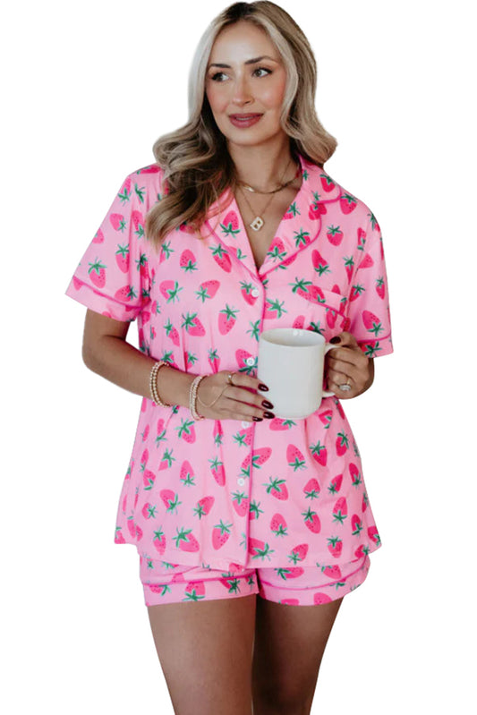 Pink Strawberry Top and Shorts Pajama Set