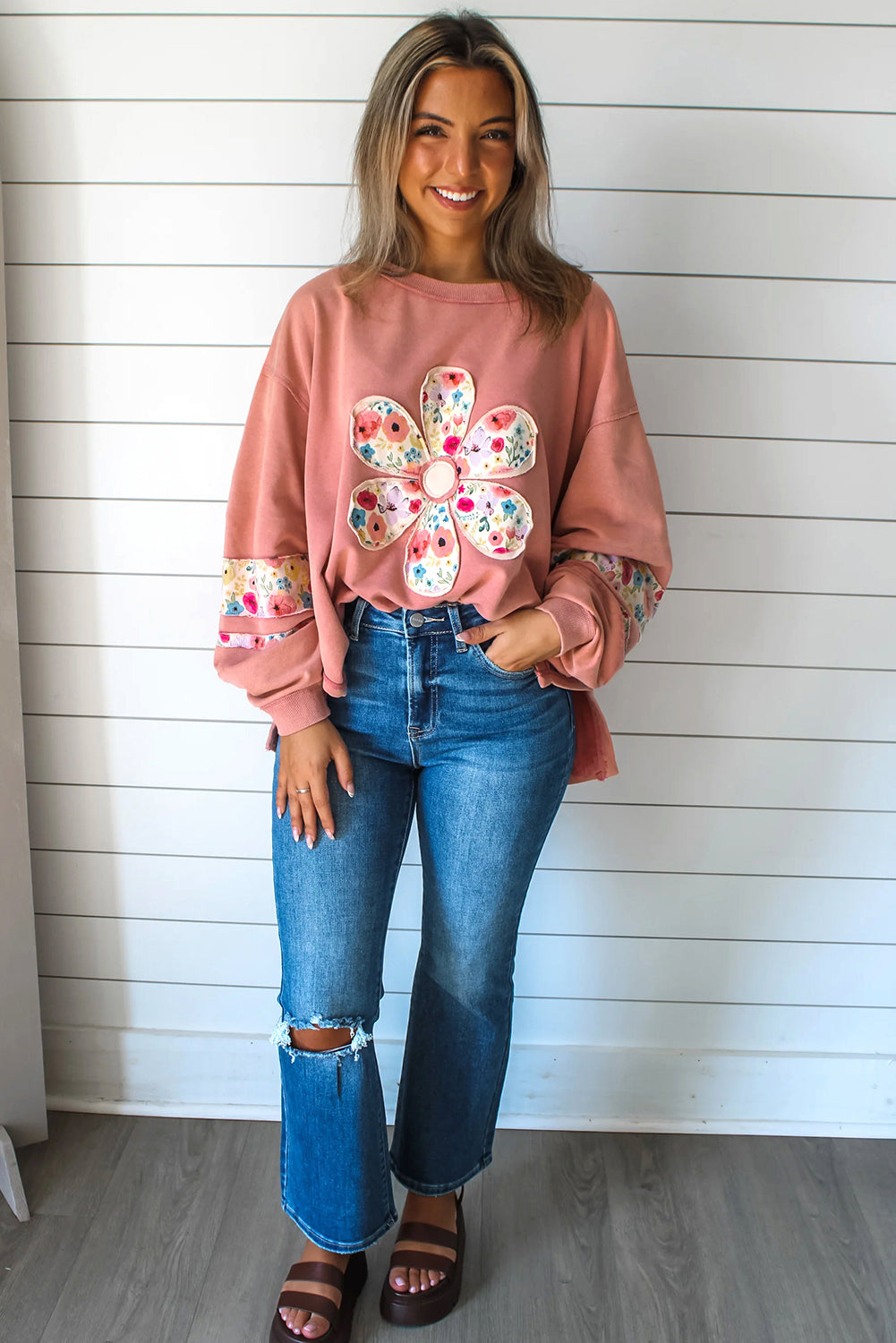 Peach Blossom Flower Drop Sleeve Pullover Sweatshirt