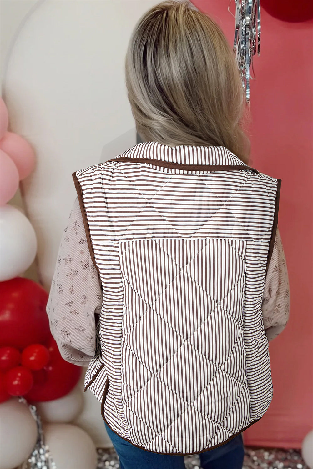Brown Striped Snap Button Winter Vest