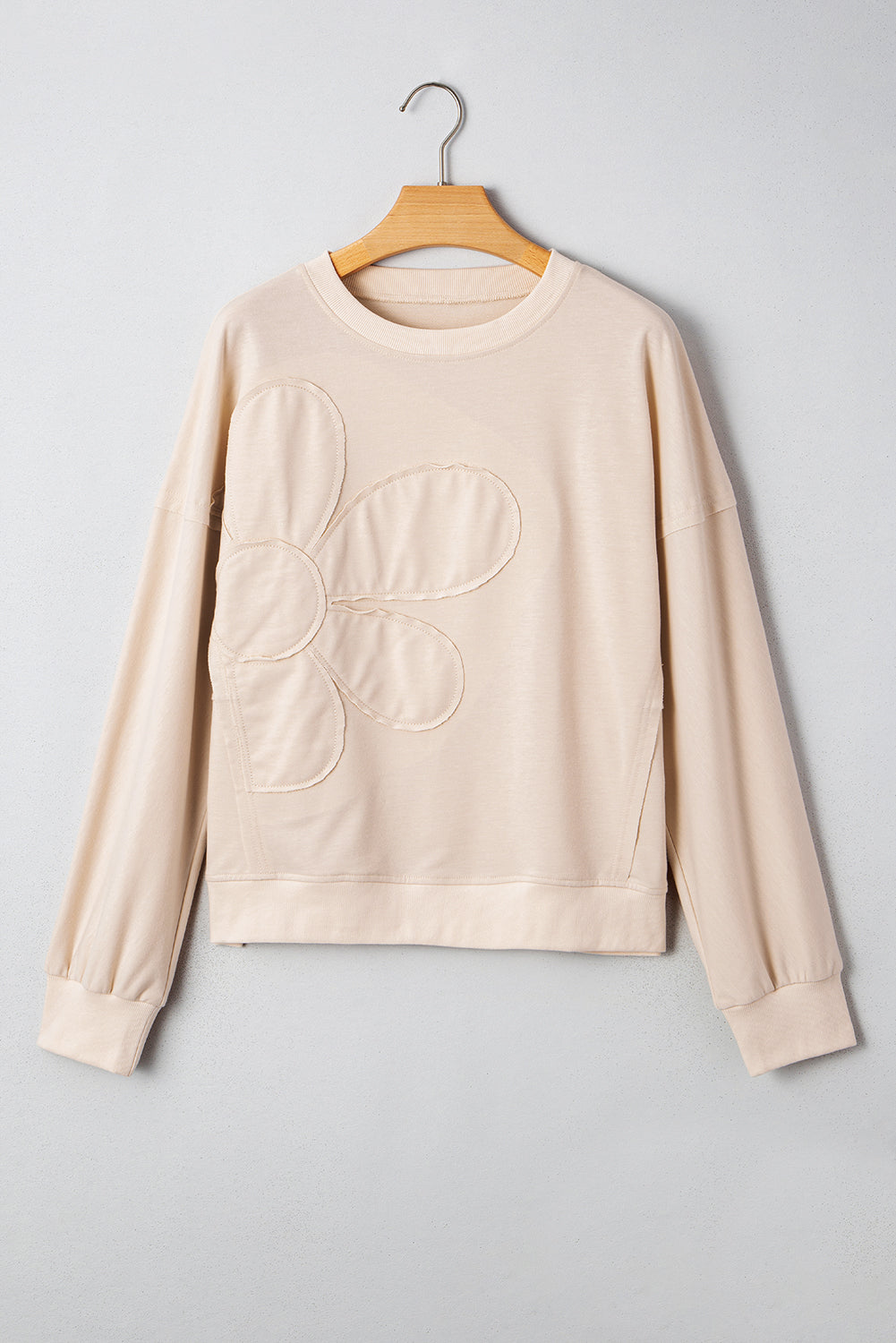 Beige Flower Patch Drop Shoulder Long Sleeve