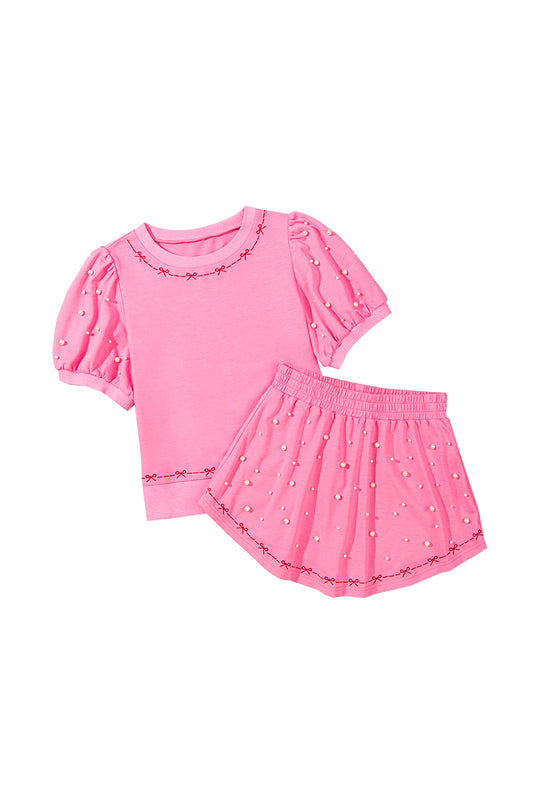 Pink Bow Trim Pearl Blouse and Skort Set