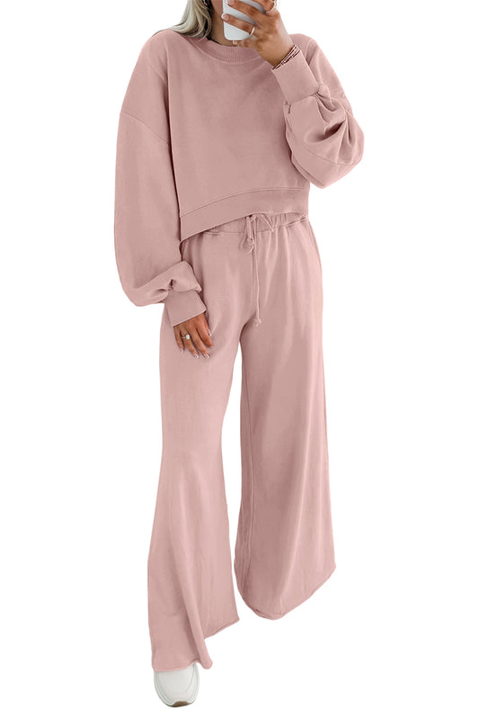 Light Pink Crop Pullover Drawstring Wide Leg Pants Set
