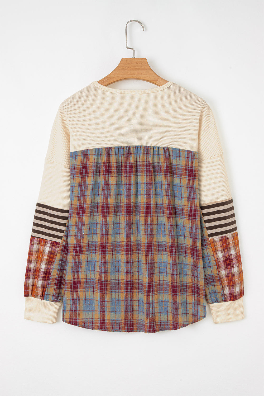 Beige Waffle Stripe Plaid Top