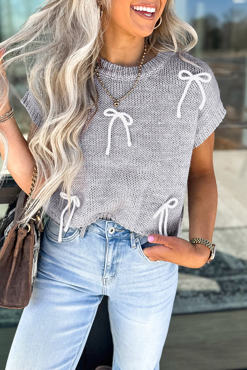 Light Grey Bowknot Cap Sleeve Sweater