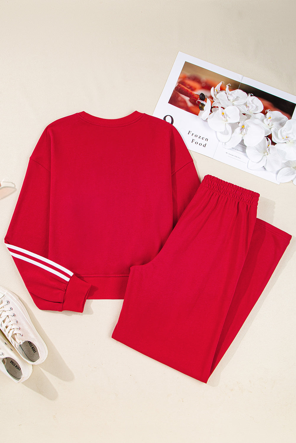 Red Varsity Striped Cropped Pullover Wide Leg Pants 2pcs Outfit