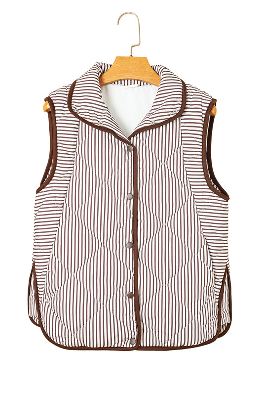 Brown Striped Snap Button Winter Vest
