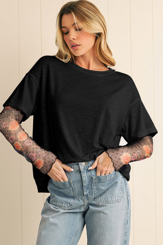Black Floral Mesh Sleeve Top