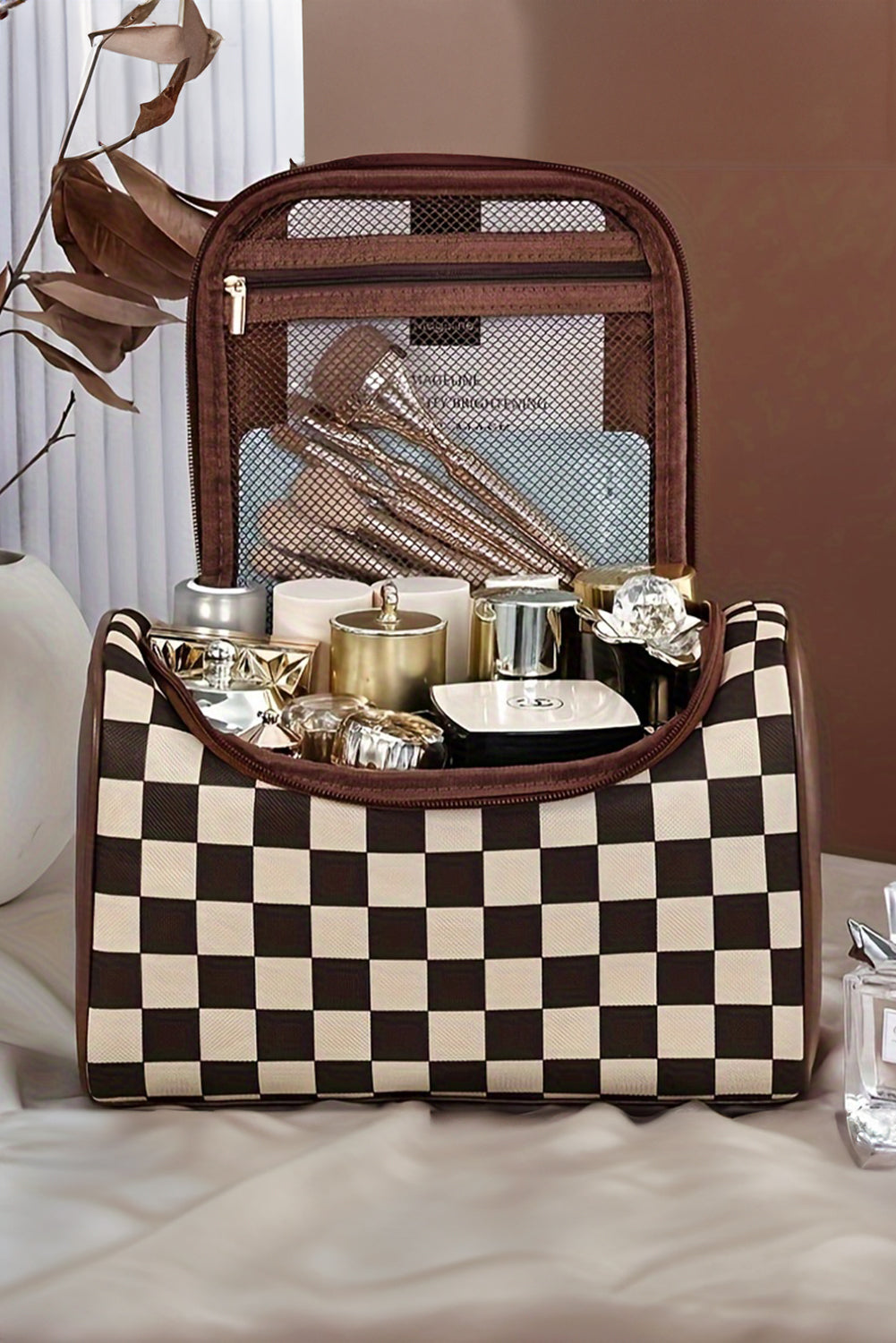 Checkered Large Cosmetic Bag with Handle