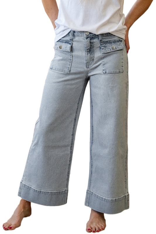 Sky Blue Striped Button Flap Pocket Wide Leg Jeans