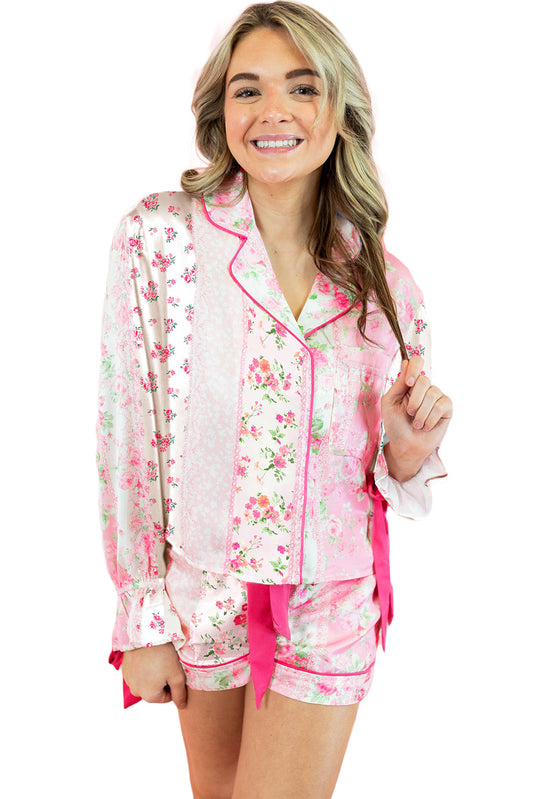 Pink Floral Print Satin Tie Pajama Set
