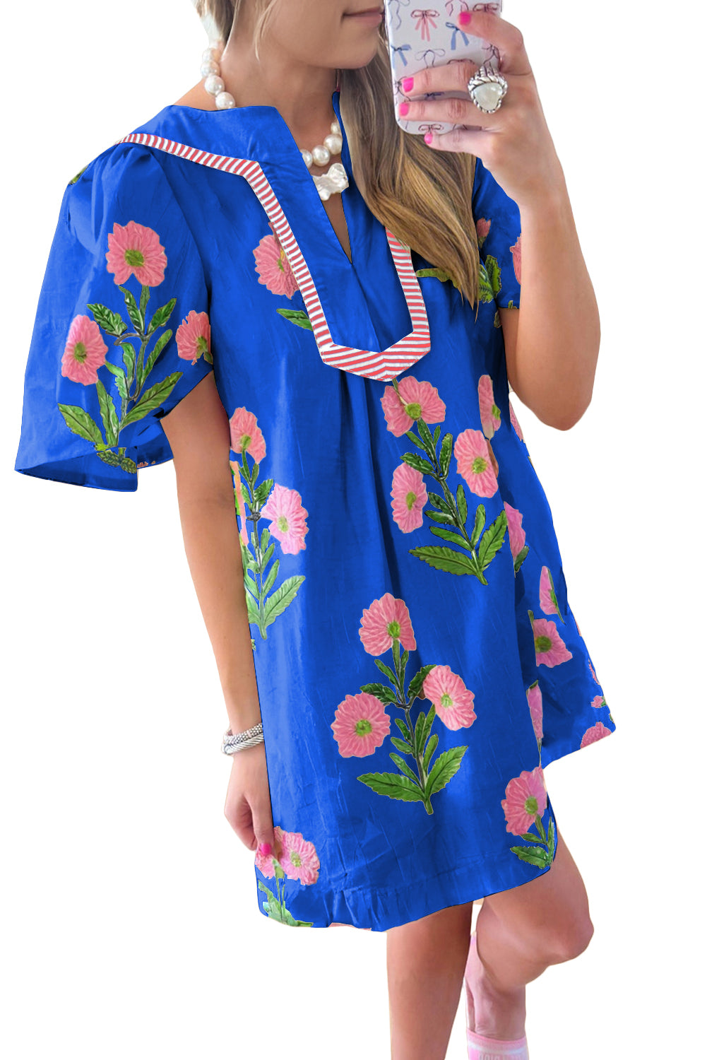 Short Sleeve Split Neck Floral Mini Dress