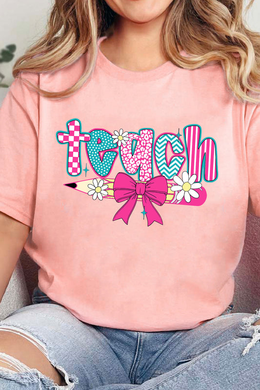 Pink Checkered teach and Bow Pencil Graphic T Shirt