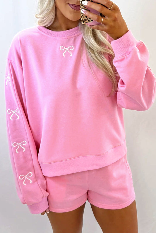Pink Bow Long Sleeve Pullover and High Waist Shorts Set