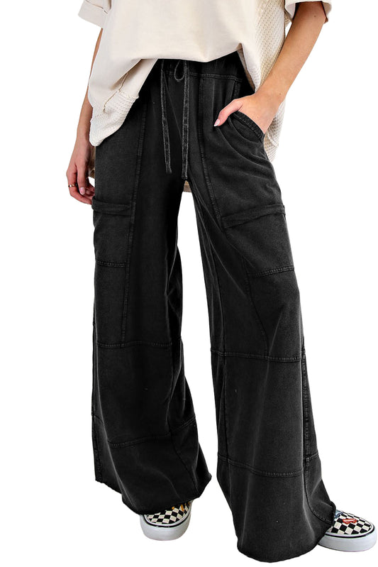 Black Exposed Seam Wide Leg  Pants