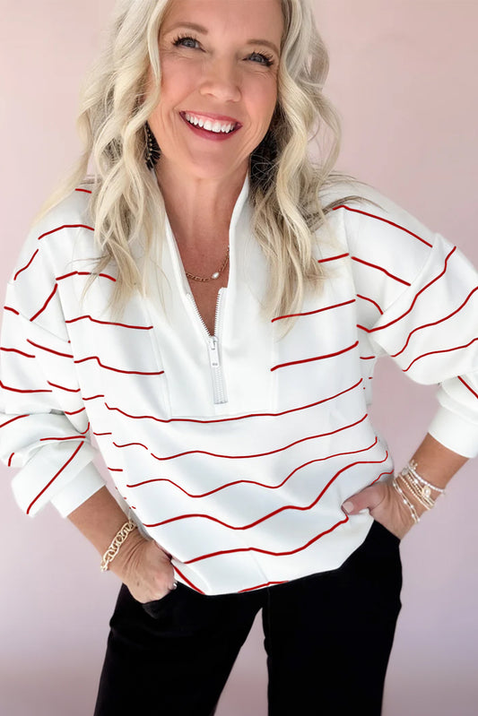 Red Striped Zipper V-Neck Drop Sleeve Top