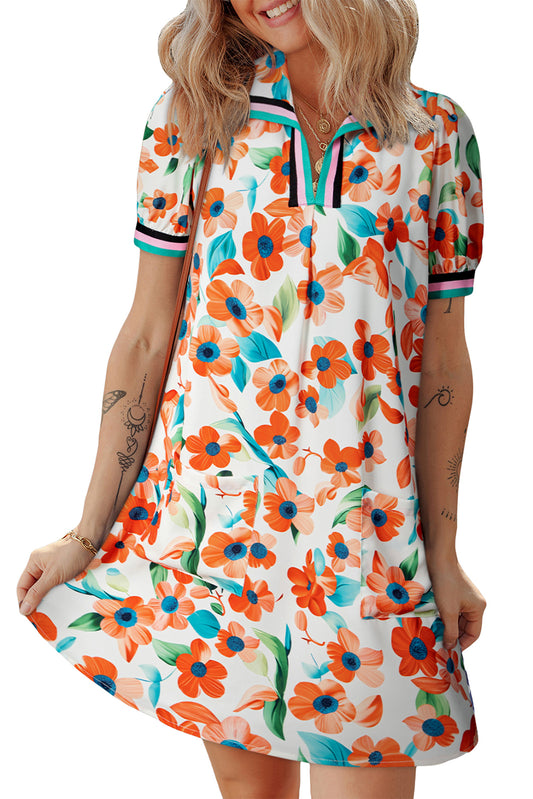Split Neck Puff Sleeve Floral Mini Dress