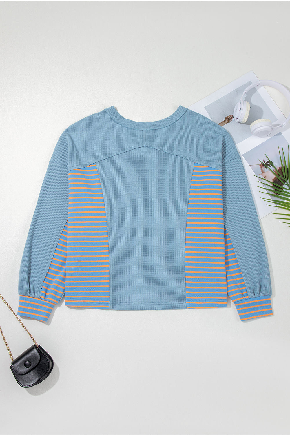 Blue Seam Waffle Striped Patchwork Baggy Pullover