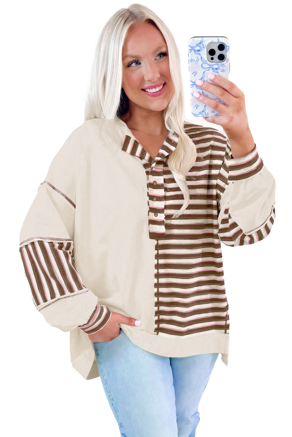 Pink Striped Oversized Pullover Top
