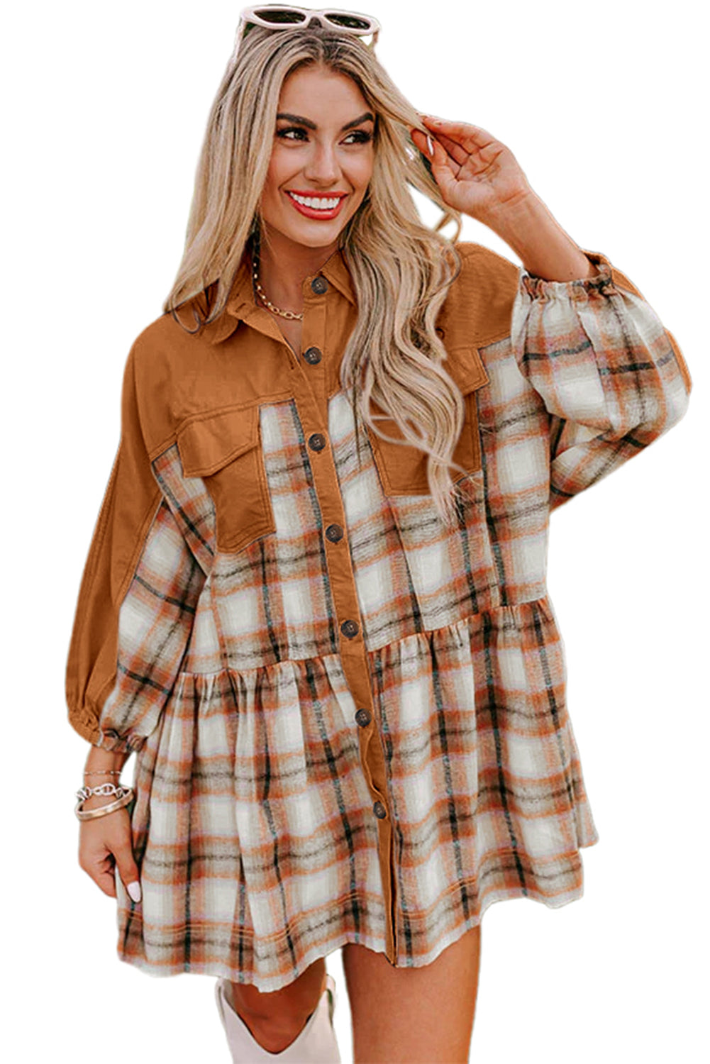 Khaki Plaid Shirt Dress