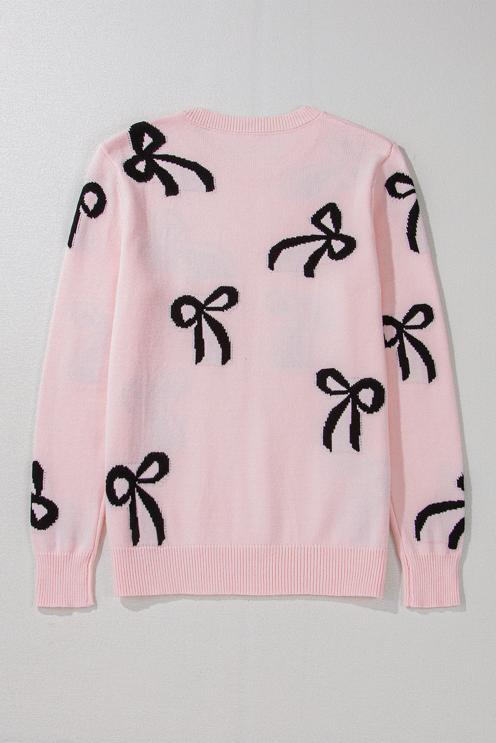 Light Pink Bow Print Long Sleeve Loose Fit Sweater