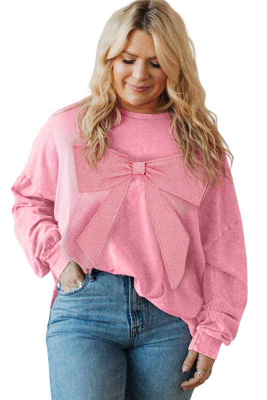 Pink Bowknot Patchwork Plus Size Top