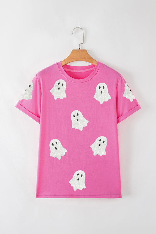 Pink Halloween Ghost Patched Casual T Shirt