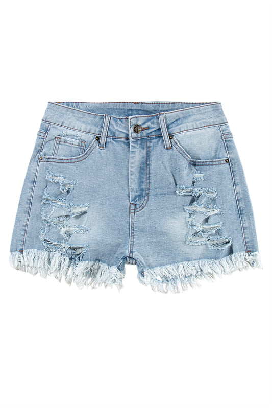 Light Blue Distressed Ripped High Waist Denim Shorts