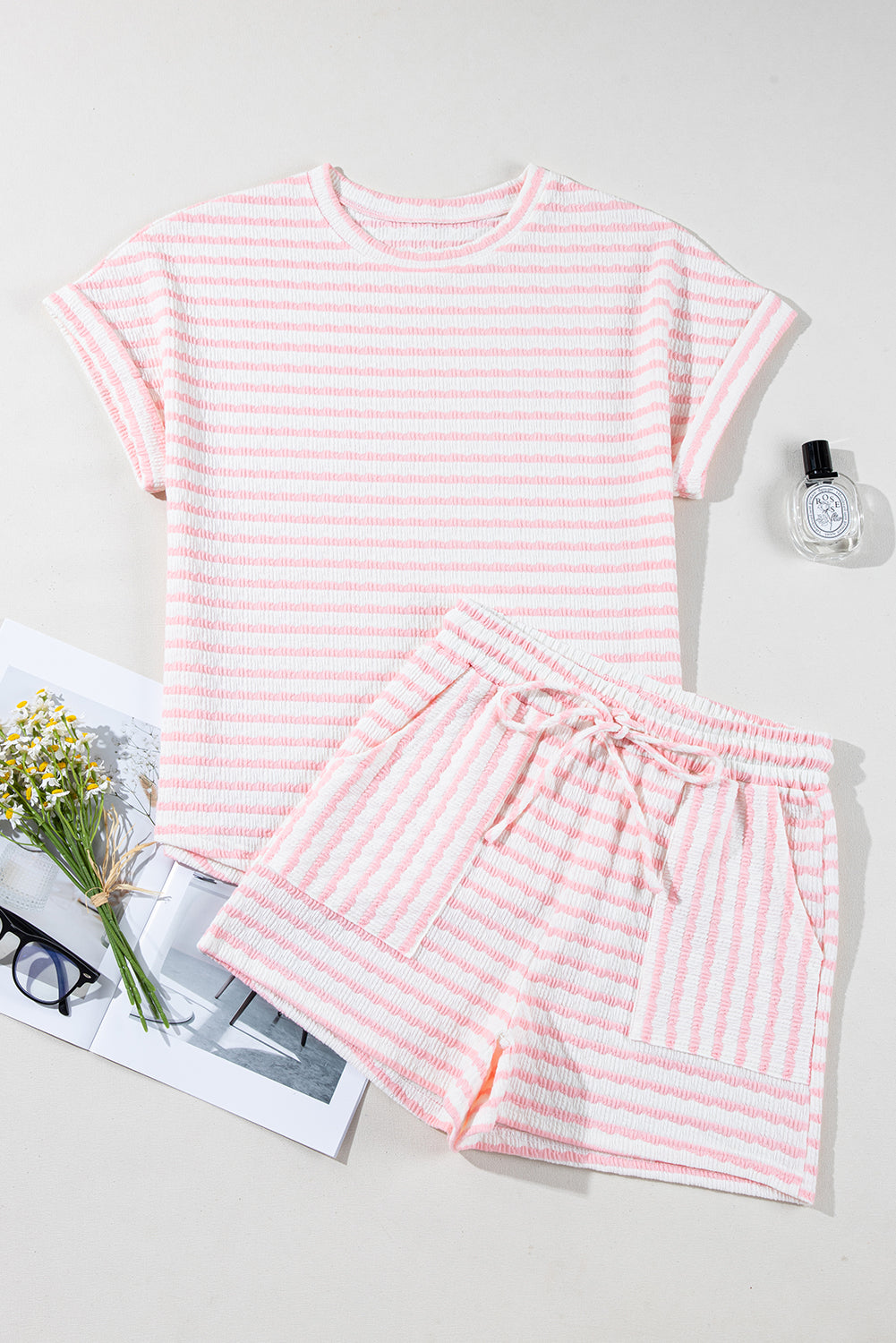 Pink Striped Short Sleeve Top and Pocket Shorts Set