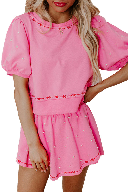 Pink Bow Trim Pearl Blouse and Skort Set