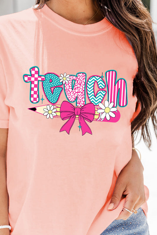 Pink Checkered teach and Bow Pencil Graphic T Shirt