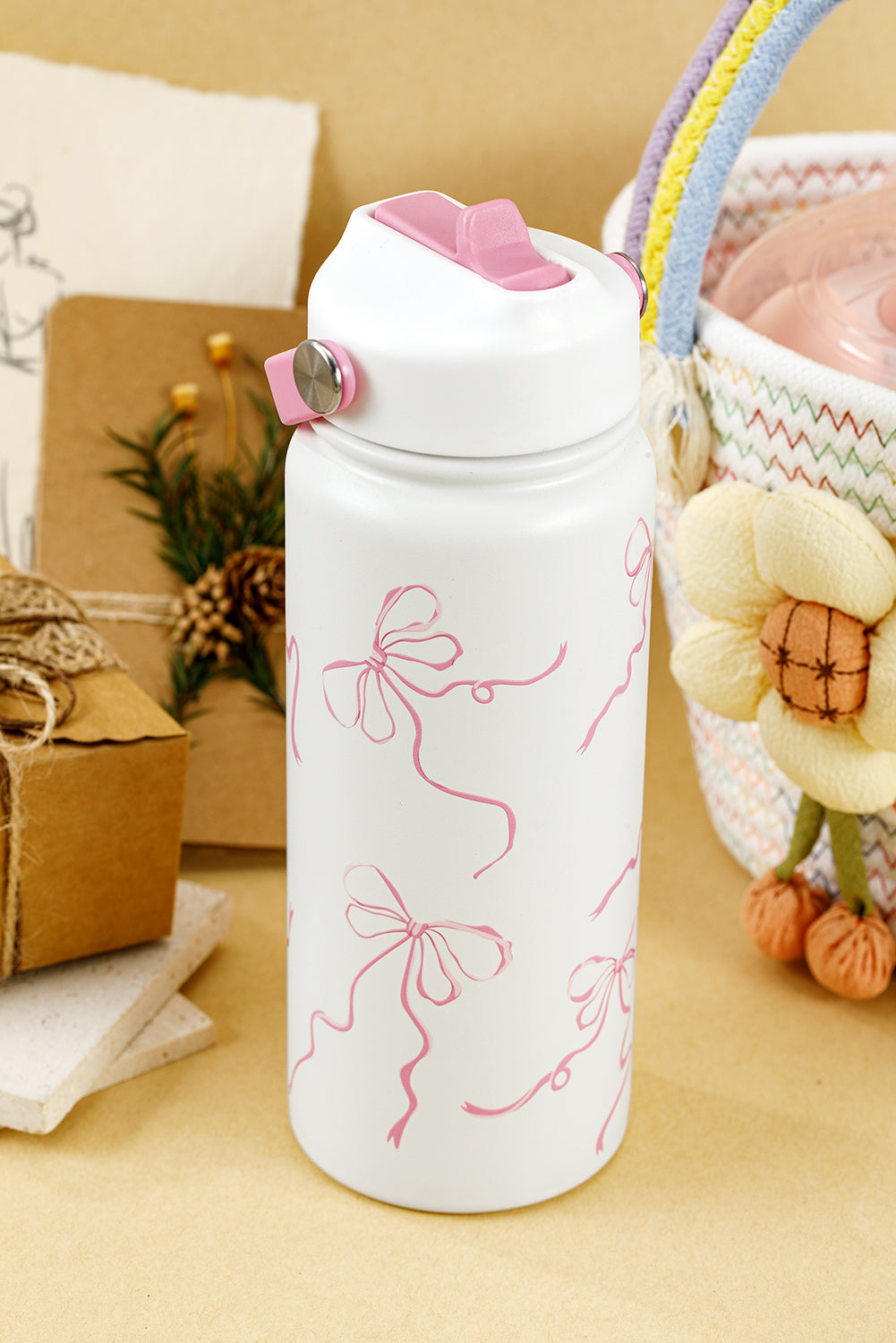 White Bowknot Insulated Water Bottle