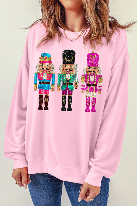 Pink Nutcracker Graphic Drop Shoulder Christmas Sweatshirt