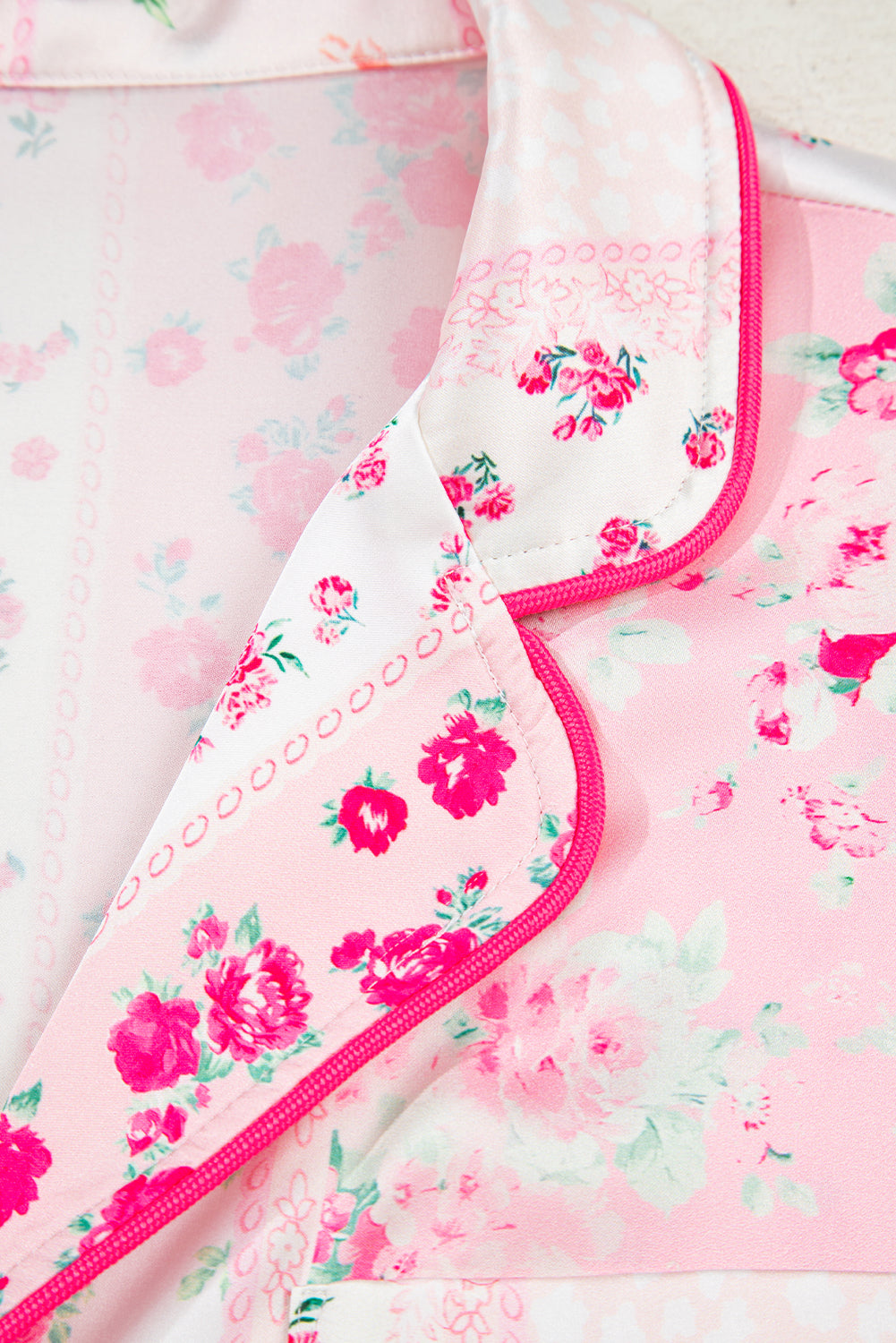 Pink Floral Print Satin Tie Pajama Set