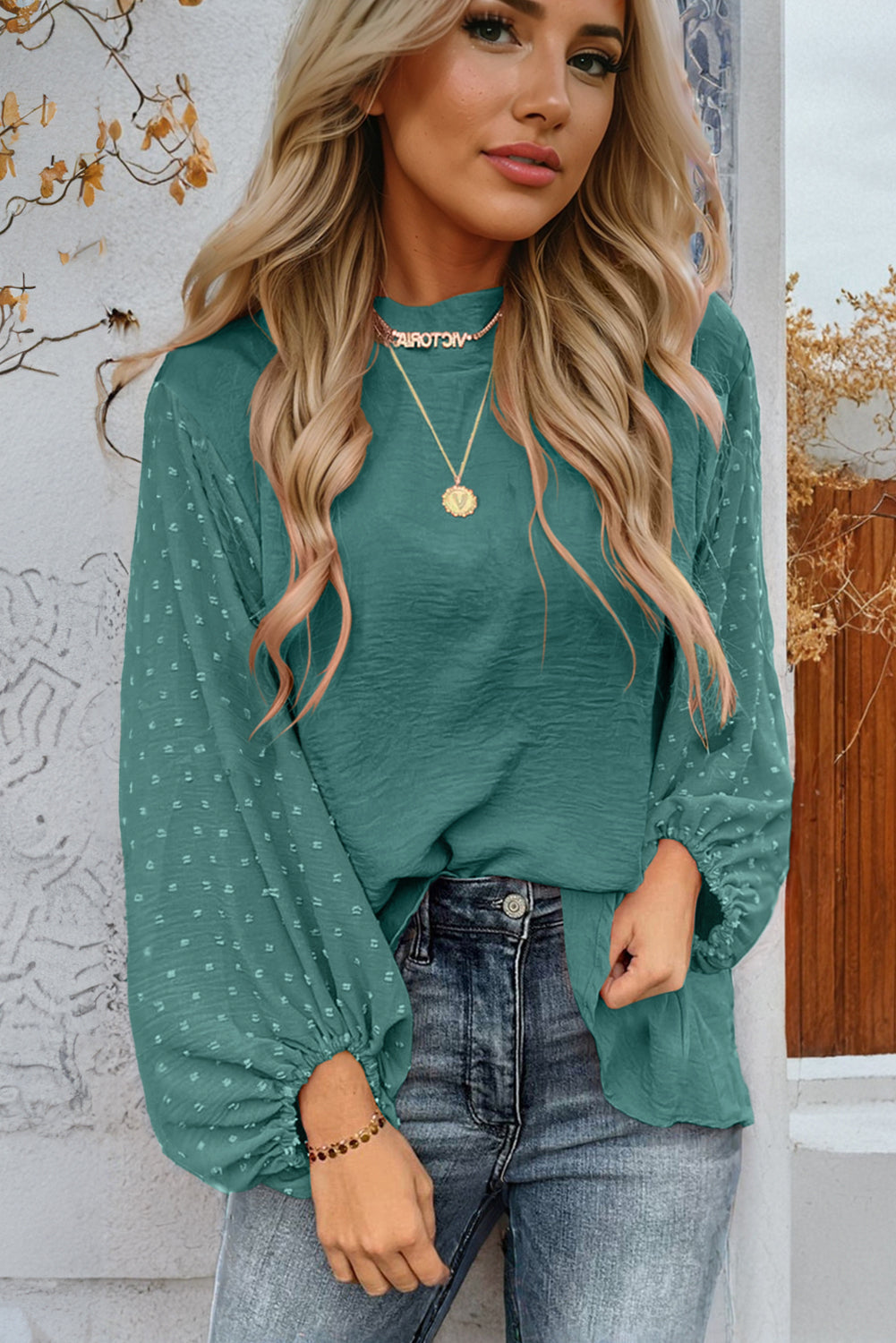 Swiss Dot Balloon Sleeve Patchwork Crinkle Blouse
