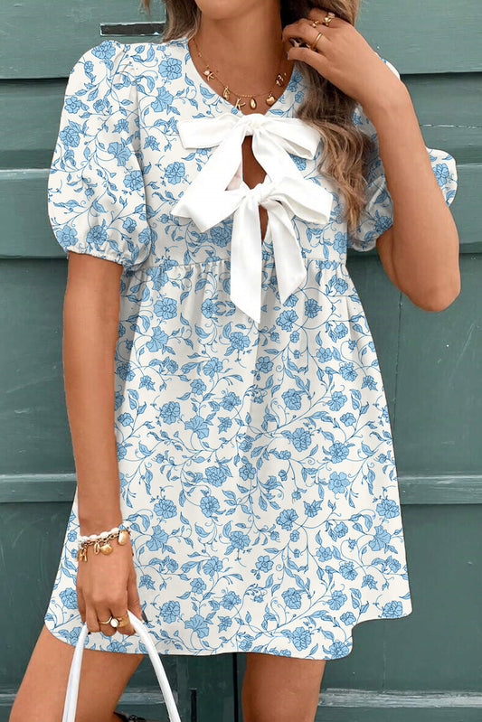 Sky Blue Front Puff Sleeve Mini Dress