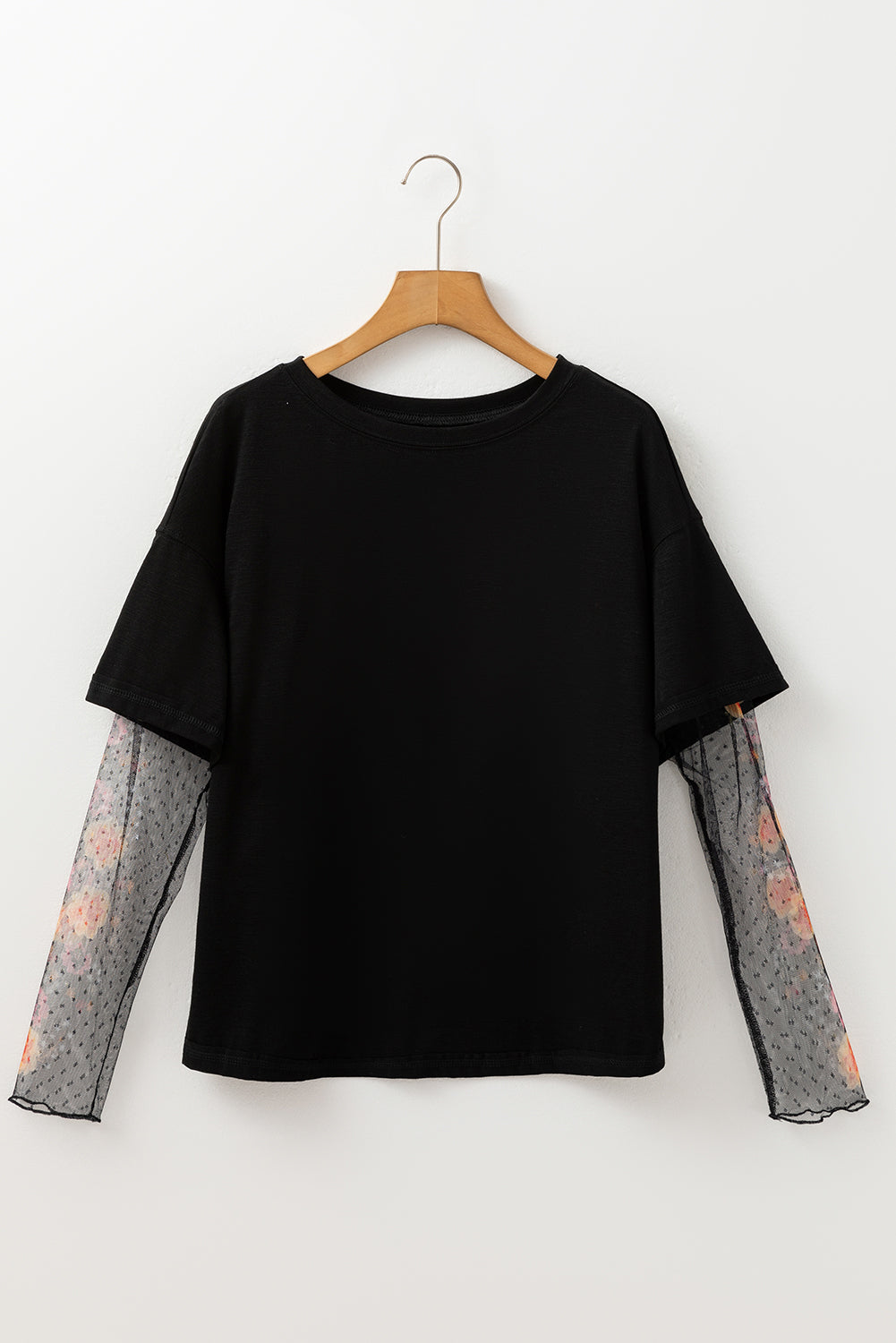 Black Floral Mesh Sleeve Top