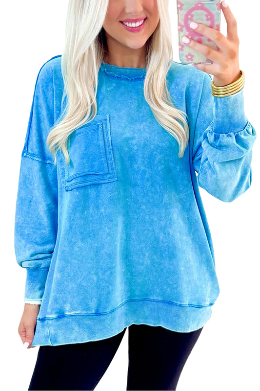 Blue Washed Pocket Pullover Sweatshirt