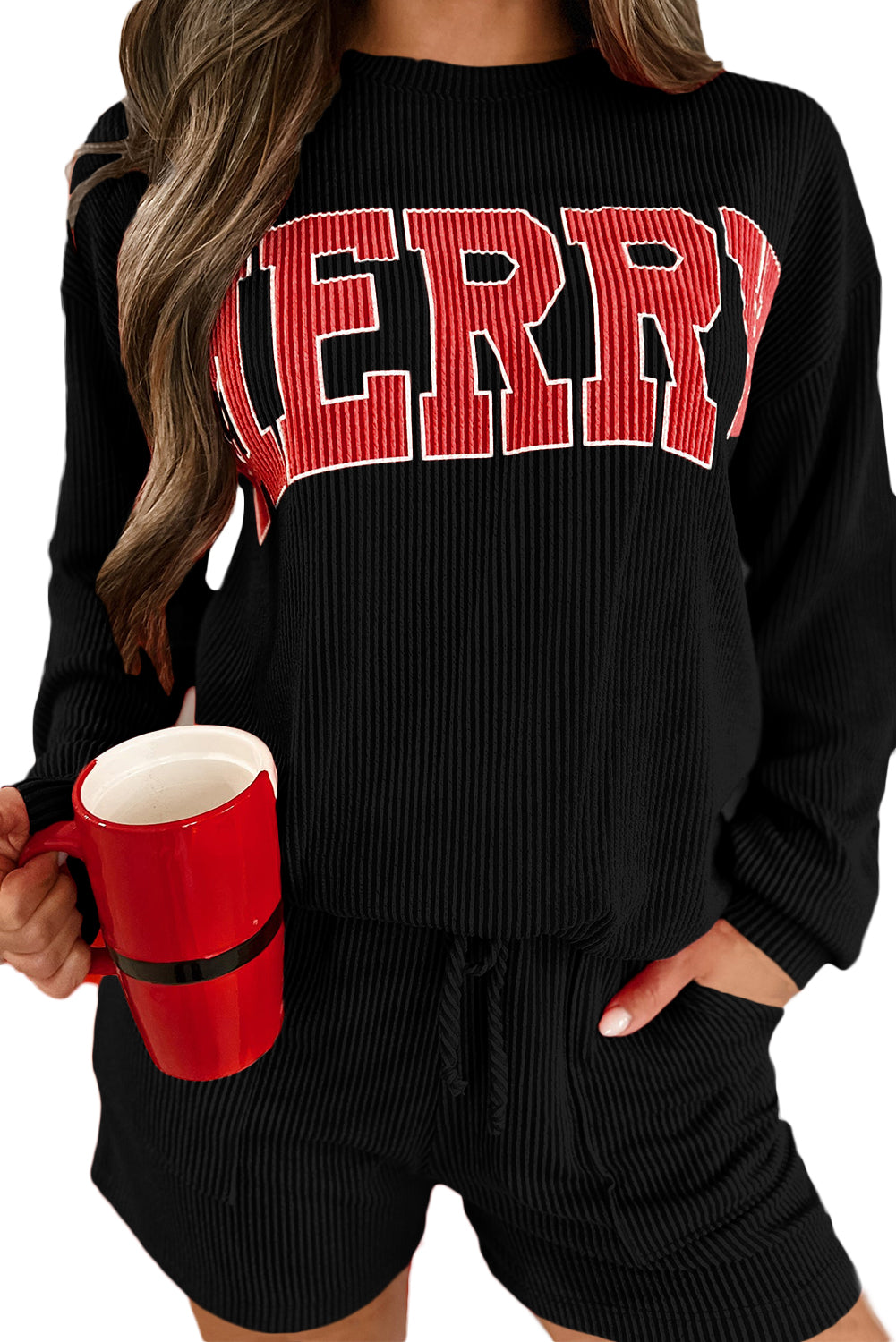Red MERRY Long Sleeve Top and Shorts Pajama Set