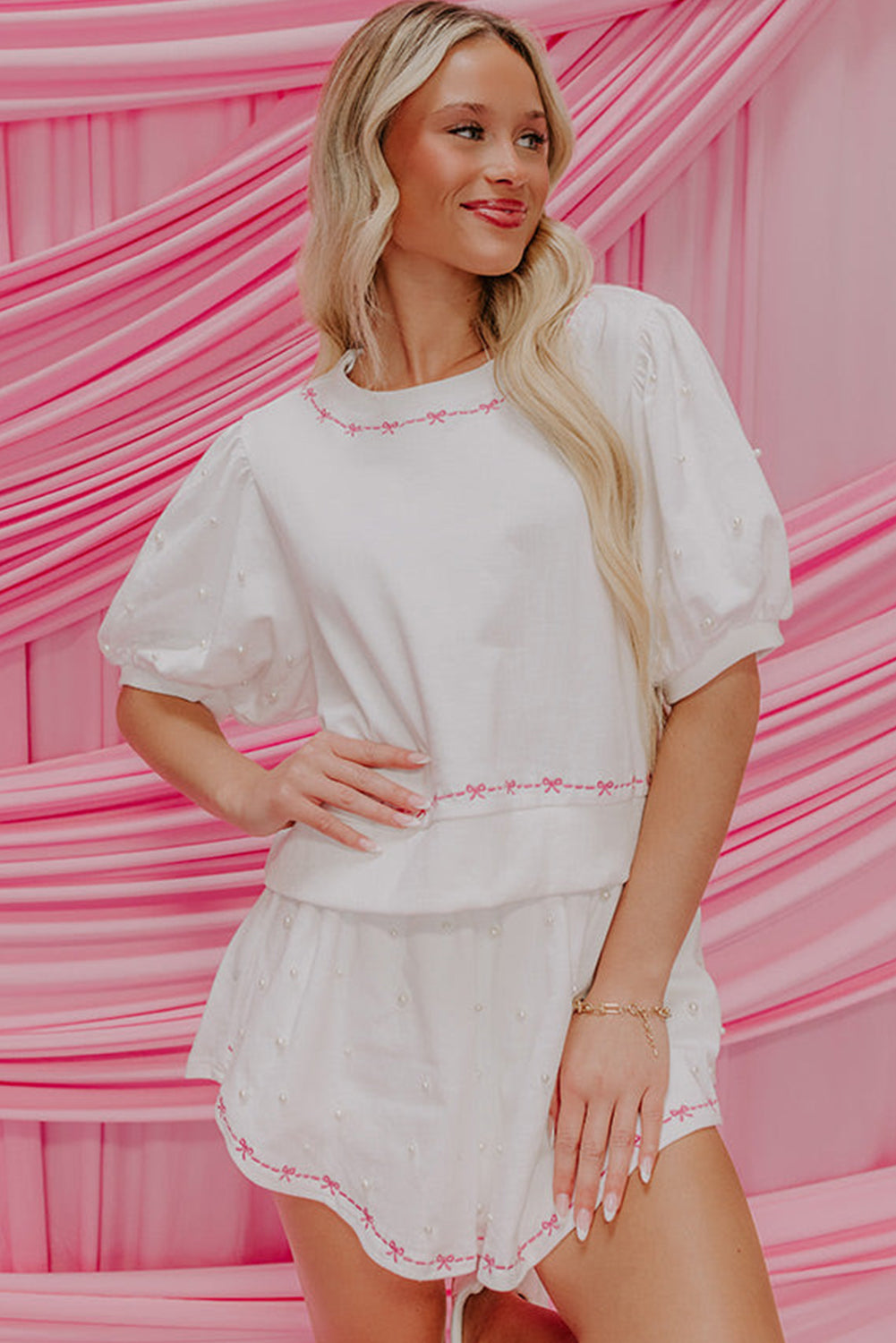 Pink Bow Trim Pearl Blouse and Skort Set