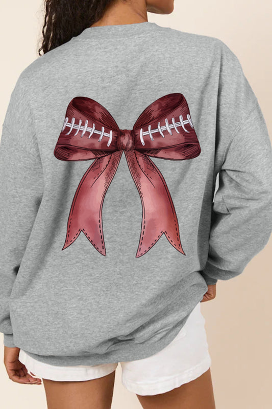 Gray Football Bow Print Pullover Sweatshirt
