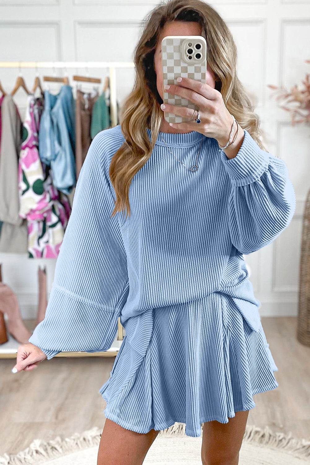 Sky Blue Sleeve Pullover Ruffle Mini Skirt Set