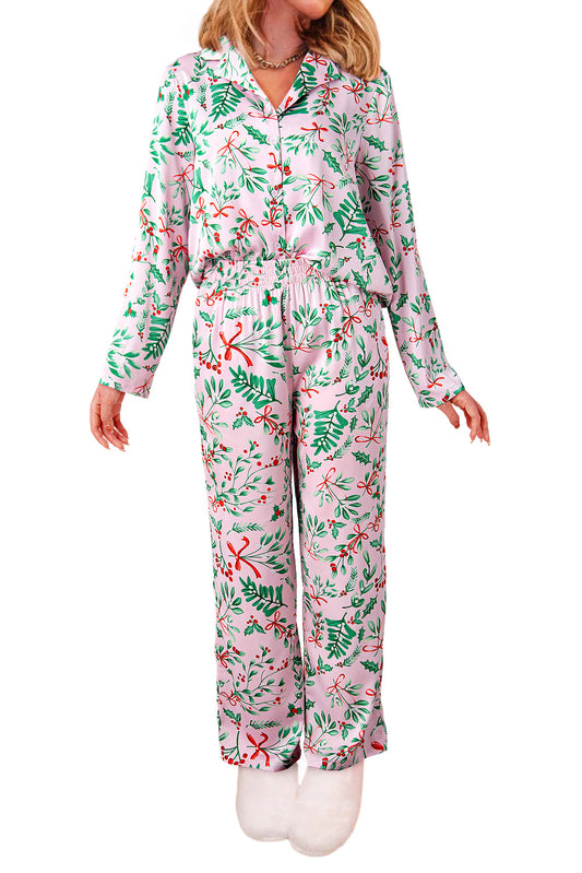 Pink Plants Shirt Pants Pajama Set