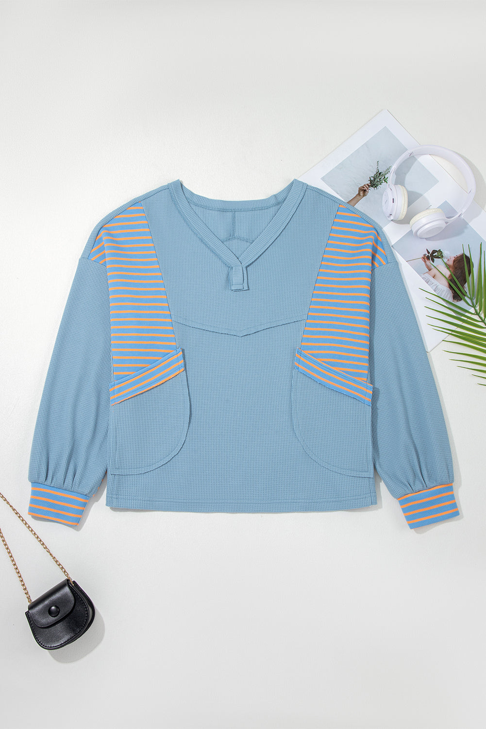 Blue Seam Waffle Striped Patchwork Baggy Pullover